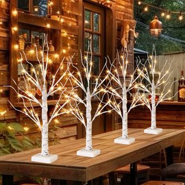 Vanthylit 4 Pcs Lighted Birch Tree Battery Powered Tabletop Tree Decorations for Home Fireplace Party Christmas Decorations (22 Inch)