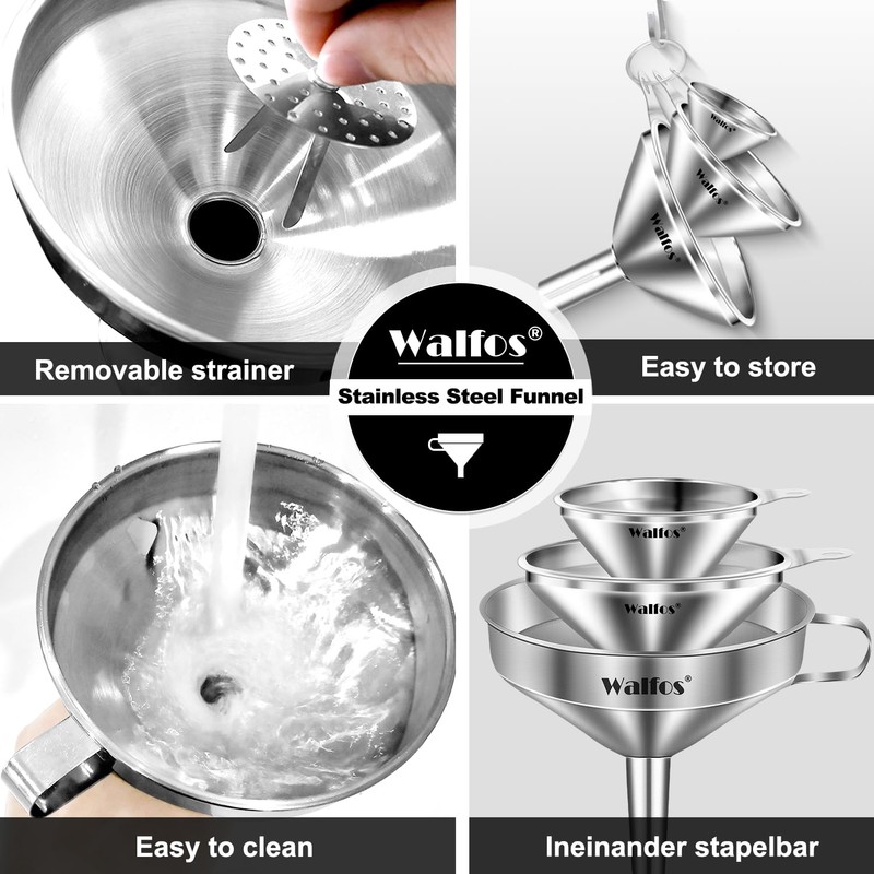 Stainless Steel Funnel, Walfos 3 Different Sizes of Kitchen funnels