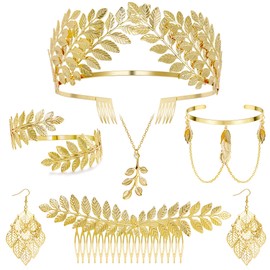 NICEIGHT 7Pcs Greek Goddess Costume Accessories for Women Gold Greek Leaf Crown Upper Arm Cuff Artificial Leaf Drop Earrings Necklace Golden Laurel Leaf Bridal Hair Comb for Wedding Cosplay Party A