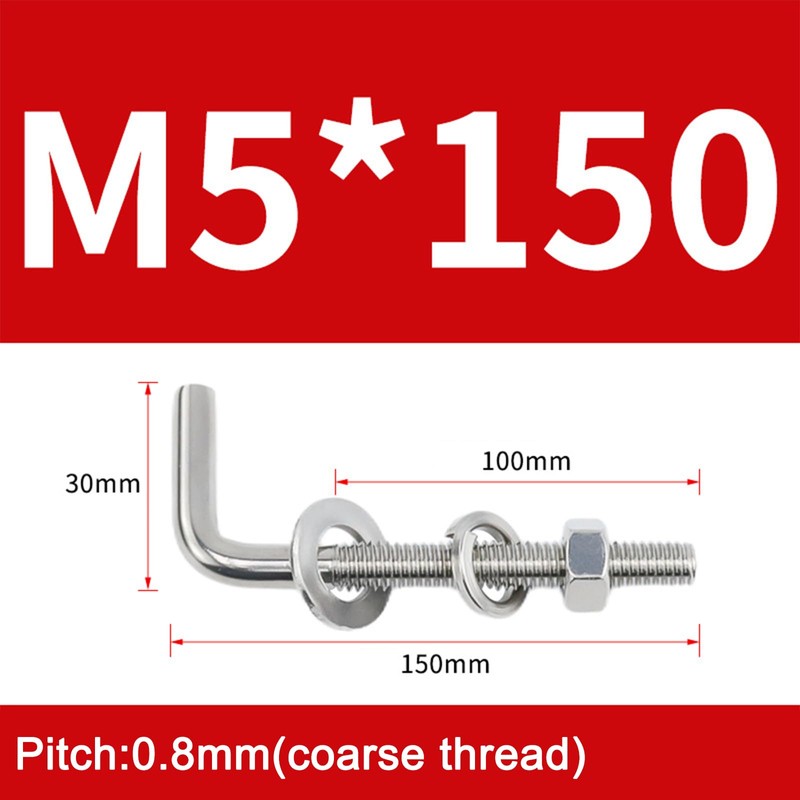 (10 Pieces) M5x150mm L Shaped Threaded Bolt Kits 304 Stainless