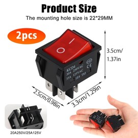 30A 250V KCD4 KCD2 Rocker Switch, DPST 4 Pin Red Lighted 120V Mini Toggle Switch ON Off Heavy Duty T85, 2 Pack