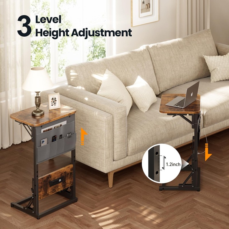 HLDIRECT C Shaped End Table with Charging Station, Couch Side