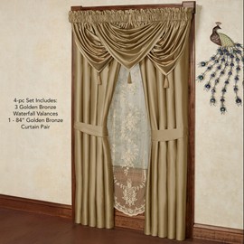 Cambridge Classic Luxury Window Treatment | Golden Bronze | Lavish Solid Color Polyester Satin | Color Drench Window | Rod Pocket Drapery Set Includes 3 Waterfall Valances & 84L Lined Curtain Pair