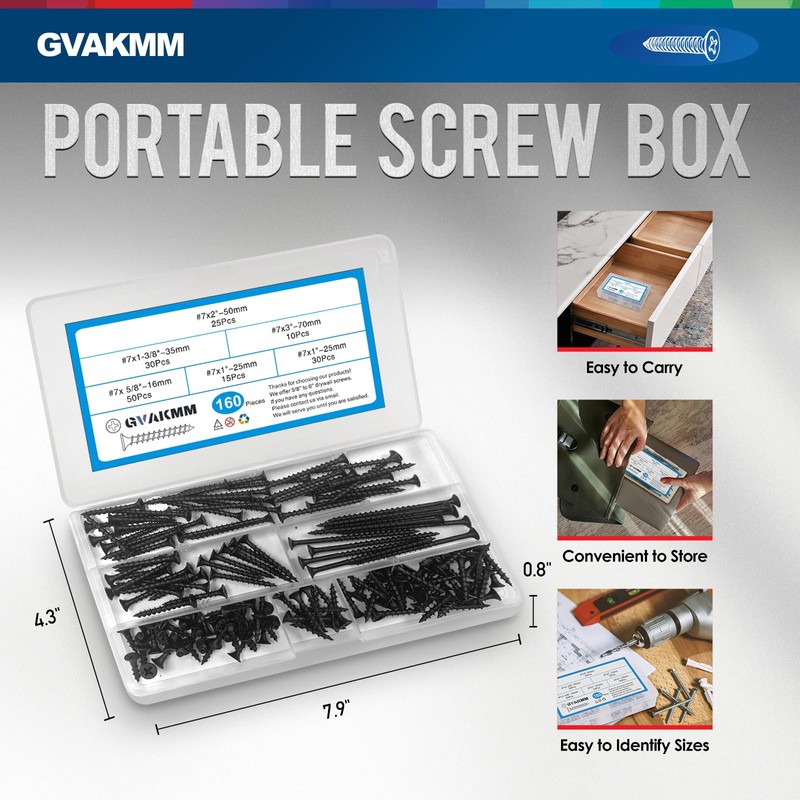 GVAKMM Drywall Screws Assortment Kit,#7 Black Wood Screws Set,160pcs，5 Sizes(3'',2'',1-3/8'',1'',5/8''),Coarse