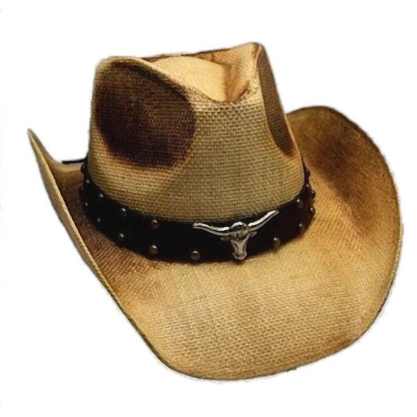 Western Ranch Straw Cowboy Hat Beige Brown Flamed with Leather