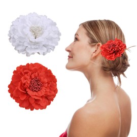 2 Pieces of Hair Clips, Peony Flower Hair Clips, Women's Hair Clips, Flower Hair Accessories, Red Flower Crocodile Clips, Women's Hair Jewelry, Chiffon Petal Hair Clips (Red, Off-White)