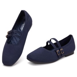 Frank Mully Women's Flats Square Toe Mary Jane Shoes Ballet Flats with Strap Comfortable Slip On Knit Shoes Dressy Casual, Blue, 7