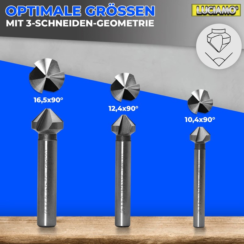 LUCIAMO Set of 3 90° Professional Countersink Set HSS 4241