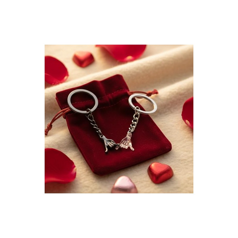 Basic Outline Pinky Promise Couple Keyring, Silver & Black