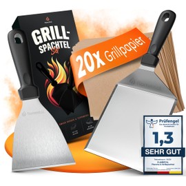 flammtal Barbecue Spatula Set Made of Stainless Steel, High-Quality Plancha Spatula Including 20 x Burger Paper for Smash Burgers, Dishwasher-Safe Grill Spatula for Plancha & Teppanyaki, Ideal Grill