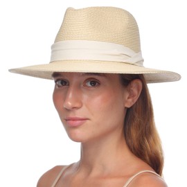 FURTALK Unisex Panama Hat Wide Brim Straw Sun Hat for Men and Women Adjustable Straw Hat, Beige+Beige Band