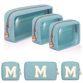 SYNVOGIA Birthday Gifts | Initial Clear Make Up Bag Travel Toiletry Bag Clear Makeup Bag Cosmetic Travel Beach Bag Car Organizer Essentials for Women Men | Gifts for Girlfriend Teacher | 3 Pcs Blue M
