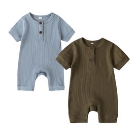RELABTABY Newborn Baby Boy Girl 2 Pack Romper Unisex Infants Summer Solid Button Onesie Jumpsuit Outfits Clothes