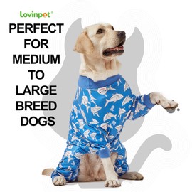 LovinPet Large Dog Pjs, UV Protection, Pet Anxiety Relief Onesies, Lightweight Stretchy, Blue Shark Print Dog Clothes, Undershirt for Dog Sweaters and Coats, Large Breed Dog Pajamas, Pet PJ's/Medium