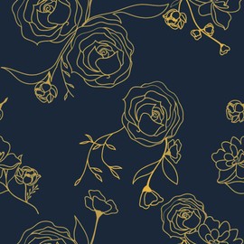 393"x17.3" Gold and Blue Peel and Stick Wallpaper Gold Blue Contact Paper Floral Wallpaper Removable Wallpaper for Walls Covering Vinyl Rolls