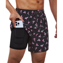 Gleeease Swim Trunks Mens 5 Inch Inseam Compression Liner Short Men Bathing Suit Lined Swimming Shorts Men's Swim Suits