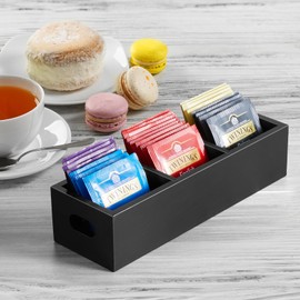 DRASTAR Tea Bag Organizer, Black Wooden Tea Bag Holder, Tea Storage Containers with 3 Slots, Sugar Packet Holder, Tea Bag Caddy Box for Countertop