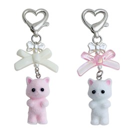 AstraGlam Y2K Cute Cat Keyring Set, Fluffy Cat Pendant with Pink Ribbon Bead, Perfect for Bags and Keychains, multicoloured