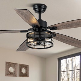 52 inch Farmhouse Ceiling Fan with Lights and Remote Control, Black Ceiling Fan with 6 speeds 3 timing, Caged Ceiling Fans for Bedroom Living Room Kitchen