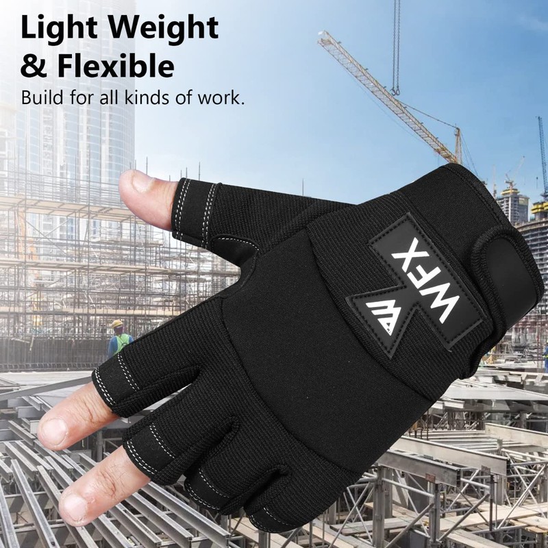 WFX Tough Fingerless Performance Gloves Protection Work Gloves, Padded Palm,
