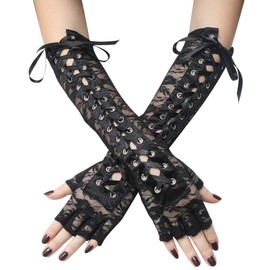 BABEYOND Lace Up Fingerless Gloves Long Elbow Gloves for Party Lace-up Arm Warmer for Wedding Engagement (Lace-Black)