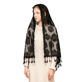 Wgior Rose Rectangular Chapel Veil Scarf Catholic Church Veils Mantilla Wrap Shawl Mass Head Covering (Black)