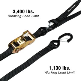 MotoTote Premium Ratchet Straps Tie Down Kit for Motorcycles (3,400 lbs. Break Strength) – Includes 4 Heavy Duty Ratchet Tie Downs with Integrated Soft Loops, Carabiner S Hooks & Strap Band