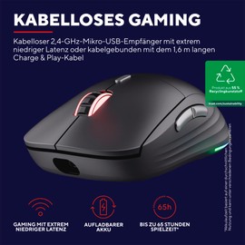 Trust Gaming GXT 926 Redex II Gaming Maus Kabellos 2.4GHz 65 Stunden Akkulaufzeit, Kailh-Schalter, 10000 DPI, 6 Programmierbare Tasten, Wiederaufladbare Gaming-Maus Laptop Computer – Schwarz