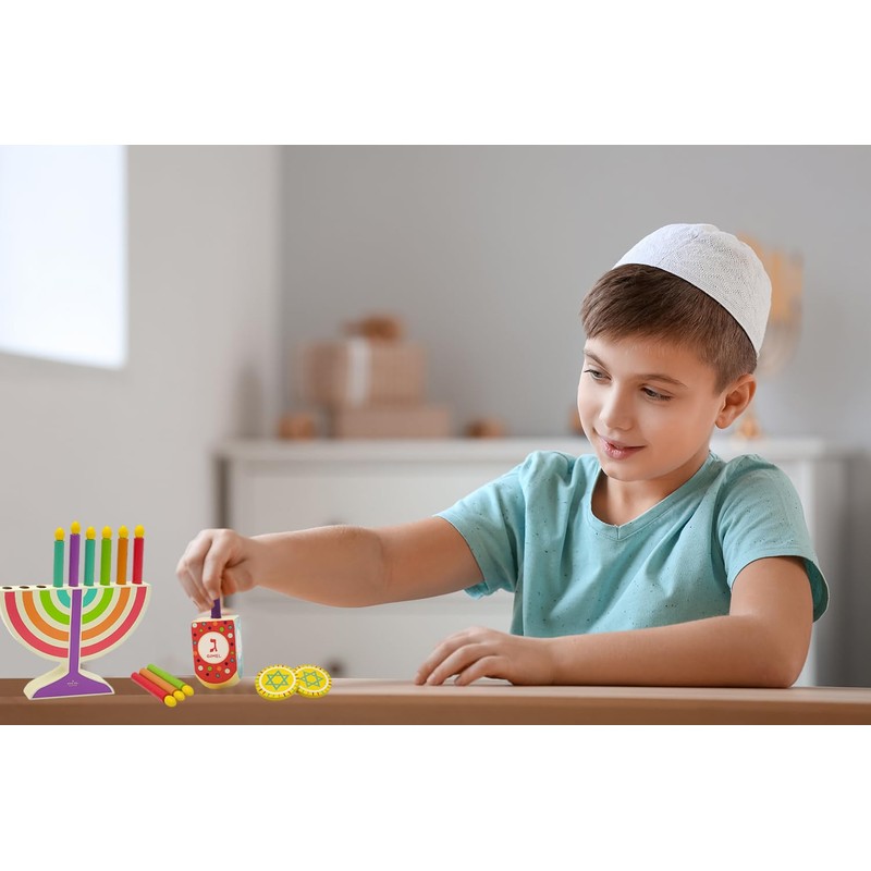 Mini Hanukkah Children Wooden Chanukah Menorah Multicolor with Removable Candles