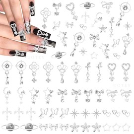 100 Pcs Silver Dangle Nail Charms, Silver Heart Bow Stars Nails Charms and Gems, Alloy Planet Butterfly Cross Star Butterfly Charm for Acrylic Nails Art DIY Design