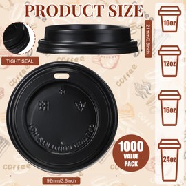Maxcheck 1000 Pack Coffee Cup Lids Bulk, 3.6" Disposable Cup Lids Dome Coffee Covers Black Fits 10, 12, 16, 20, 24 oz Paper Cups with Air Flow Vent for Cafe Office, Car, Home, Travel (Flat)