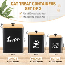 Jingmore Metal Cat Treat Containers Airtight Set of 3 with Bamboo Lids and Spoon 7+3+2 Lbs Dog Food Storage Container Countertop with DIY Labels Pet Cookie Organizer Jars for Kitchen Counter(Black)