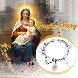 Flongo Mary Cross Bracelet Women: Silver Adjustable Stainless Steel Virgin Mary Bracelet with 3 Different Hearts Mia Fiore Prayer Beads Rosary Catholic Christian Jewellery for Woman Mother