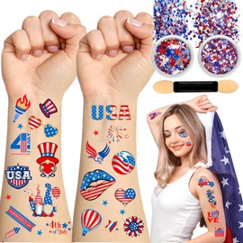 80PC 4th of July Temporary Tattoos & Red White Blue Glitter Set - Patriotic Accessories Kit for USA Independence Day, Fourth of July Parties, Face & Body Art - Stars & Stripes Celebration Supplies