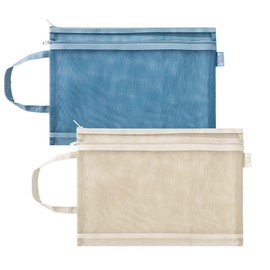 A4 Mesh File Zip Bags, 2Pcs Folder Wallets Mesh Zipper Pouch with Handle Double Layered Zipper File Bags Clear Mesh Document Bags for School Office Travel Storage (Khaki+Blue)