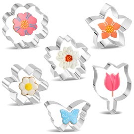 Tyqour 6pcs 3 Inches Flower Cookie Cutters Set Stainless Steel Butterfly Tulips Daisy Sunflower Rose Spring Cookie Cutters for Baking