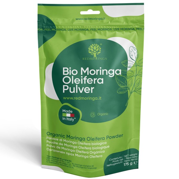RedMoringa Moringa Oleifera Organic Powder - Vegetable Protein 30% - Source of Vitamins, Minerals and Amino Acids - Made in Italy 175 g