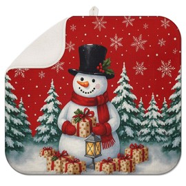 Red Christmas Drying Mat for Kitchen Counter 16" X 18" Christmas Dish Drying Mat for Kitchen Decor Snowman Xmas Drying Mats For Home Counter Drying Mats For Dishes Dish Mat Drying Mat