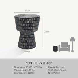 LuxenHome Outdoor Accent Side Table, 15'' Black Round Spiral Pattern End Table, Indoor Outdoor Coffee Furniture for Patio, Living Room, Backyard,Garden Stool and Plant Stand