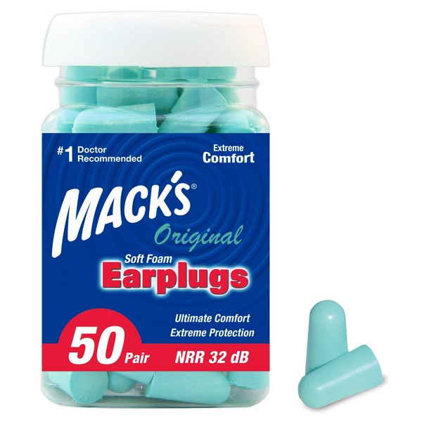 Mack's Original Soft Foam Earplugs, 50 Pair - 32dB Highest NRR, Comfortable Ear Plugs for Sleeping, Snoring, Work, Travel & Loud Events, Teal Green