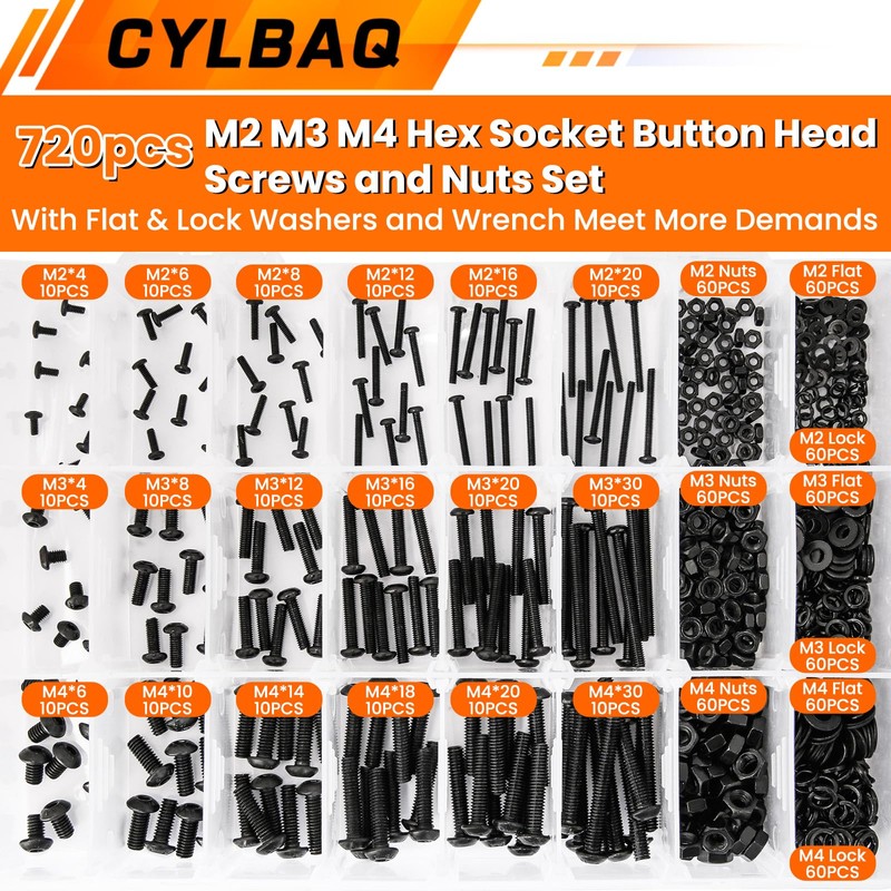 Nuts and Bolts Set M2 M3 M4, CYLBAQ Black Hex