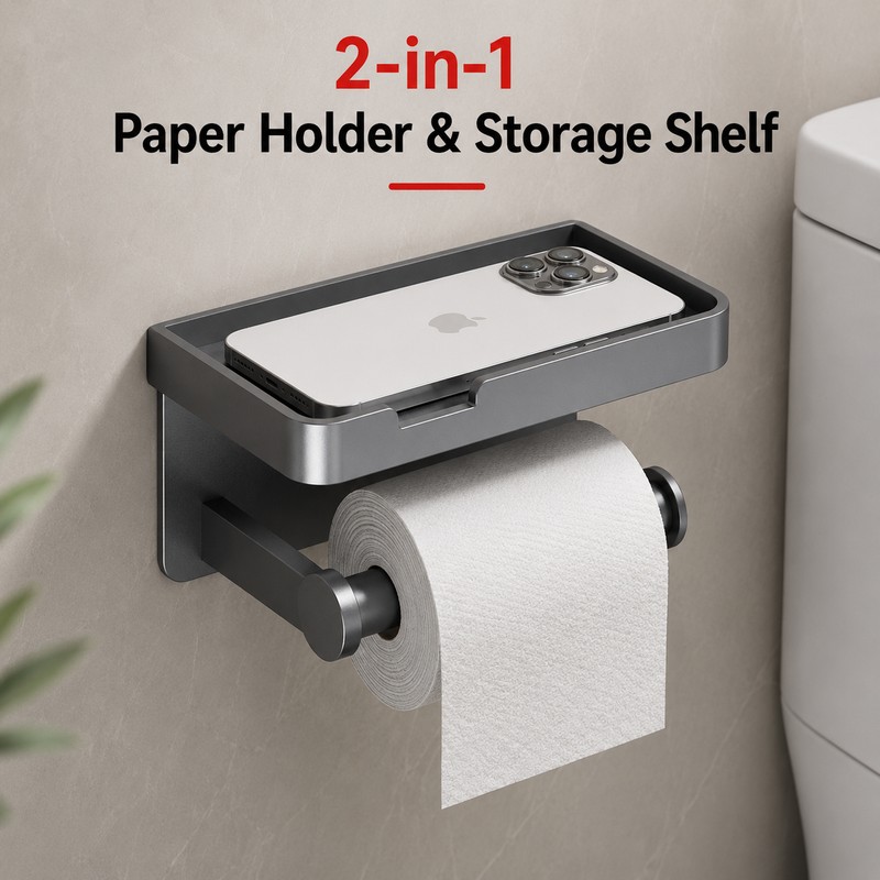 Toilet Paper Holder with Shelf for Bathroom – Aluminum Alloy