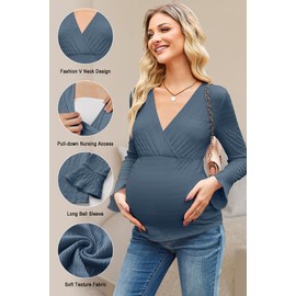 OUGES Womens Maternity Shirts Nursing Tops Fall Long Sleeve Wrap V Neck Pregnancy Clothes for Women Trendy 2025(Blue,L)