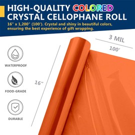 PerkHomy Colored Cellophane Wrap Roll 16" x 100' 3 Mil Thick Cellophane For Gift Basket Treats Goodie Wrapping Craft Flower Bouquet Plastic (Orange, 100ft (16in Width))