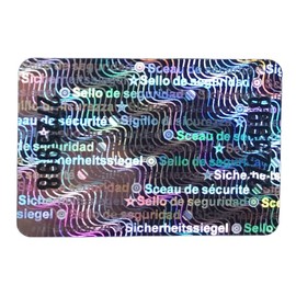 Multilingual Silver Hologram Security Labels Stickers X 150 with Void Release Message, 30mm by 20mm. with Spanish, French, German and Italian Text