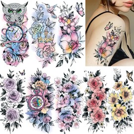 Colorful Flower Rose Temporary Tattoos For Women Girls-Waterproof Long Lasting Fake Flower Tattoos Body Art Arm Shoulder Big Tattoo Stickers