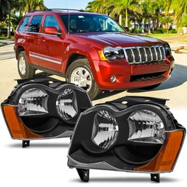 Reinko Headlights Assembly Compatible With 2008 2009 2010 Jeep Grand Cherokee Replacement Set Headlamp Pair, Black With Amber