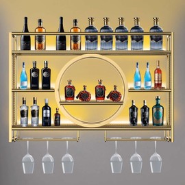 Metal Wine Rack Wall Mounted with LED Light, 3-Tier Bar Liquor Shelf with Wine Glass Holder, Modern Large Capacity Liquor Bottle Display Storage Shelf for Home Bar, Dining Room(Gold, 100 * 80 * 15)
