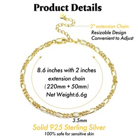 Krfy 925 Silver Anklet for Women 18K White Gold Plated Solid Diamond Cut Cuban Figaro Herringbone Mariner Paper Clip Link Chain Anklet for Women Beach Jewellery, Sterling Silver