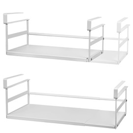 Selosiz Under Shelf Storage Basket Expandable Organizer, 2 Pack Hanging Baskets Under Cabinet Shelf, Add-on Space Saver Pantry Kitchen Cupboard Desk Counter Bookshelf, Heavy-Duty Slide-in White Large